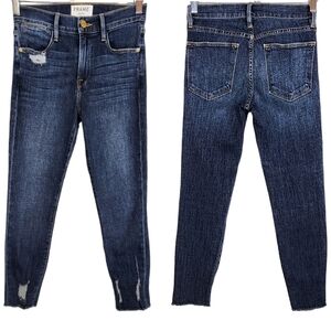 Frame Denim High Rise Skinny Crop Jeans Distressed Raw Edge Stretch Dark Wash 24